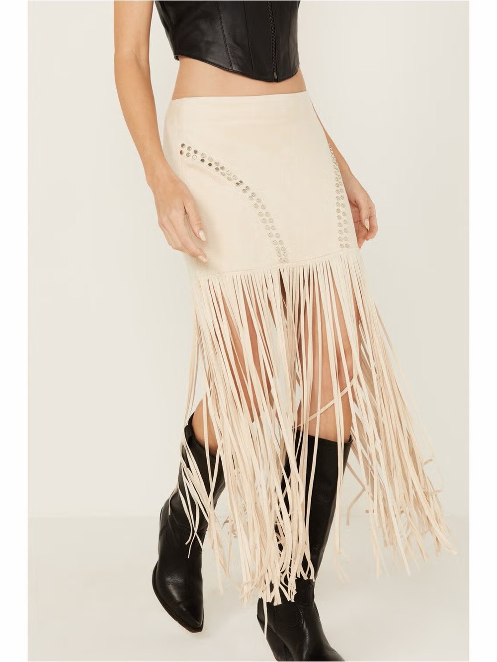 NWT Vocal High Rise Suede Knit Maxi Skirt with Studs and Long Fringes tan XL